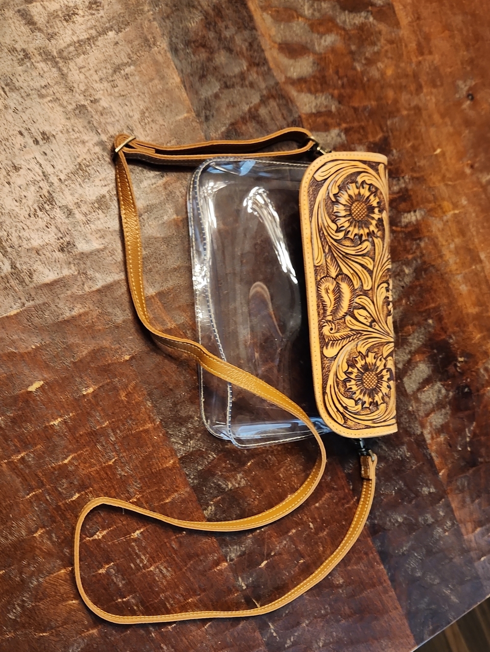 Clear Crossbody Bag with Tooled Floral Leather Accent - Tan